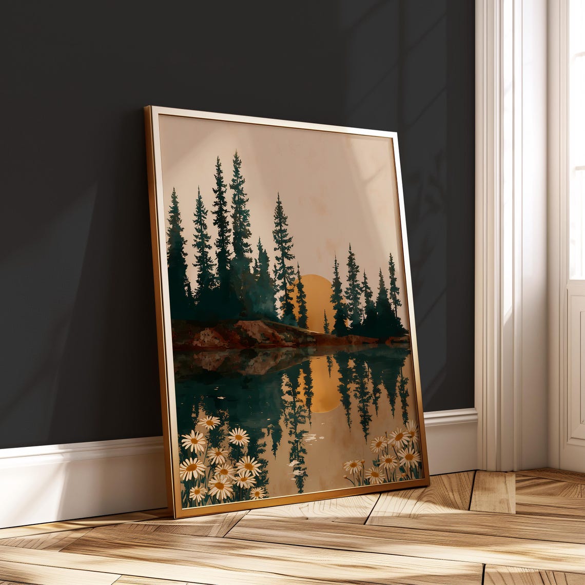 Sunset Forest Daisy Print Boho Reflection Landscape Wall Art Pine Tree Poster Nature