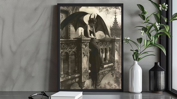 Gothic Fantasy Art Print Brooding Dark Angel On Gothic Balcony Elegant Gothic Decor Atmospheric Dark Fantasy Wall Art