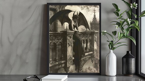 Horned Winged Woman Sitting On Ornate Gothic Balcony Sepia Poster