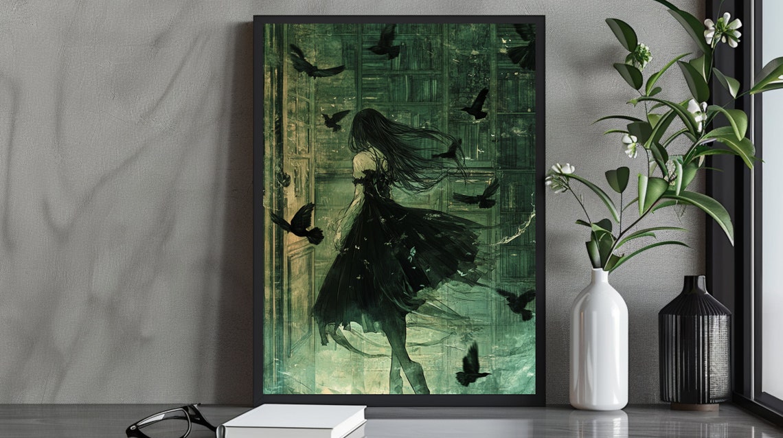 Mysterious Woman In Black Dress In Haunted Green Library Ravens Poster