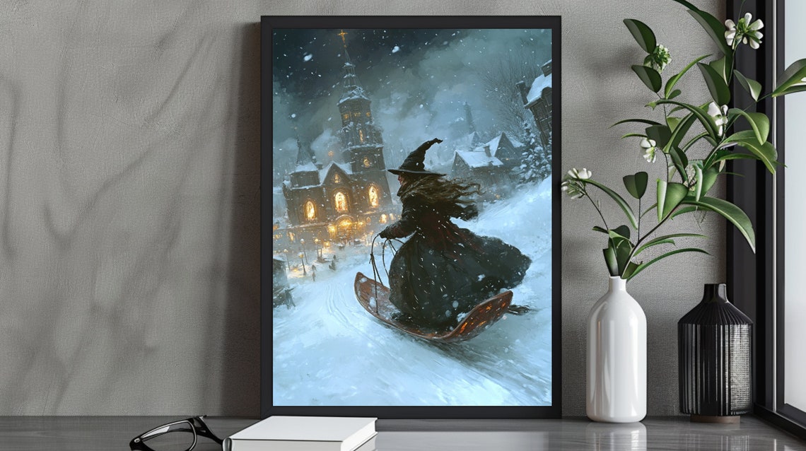 Whimsical Witch Sledding Down a Snowy Village Street at Night Poster