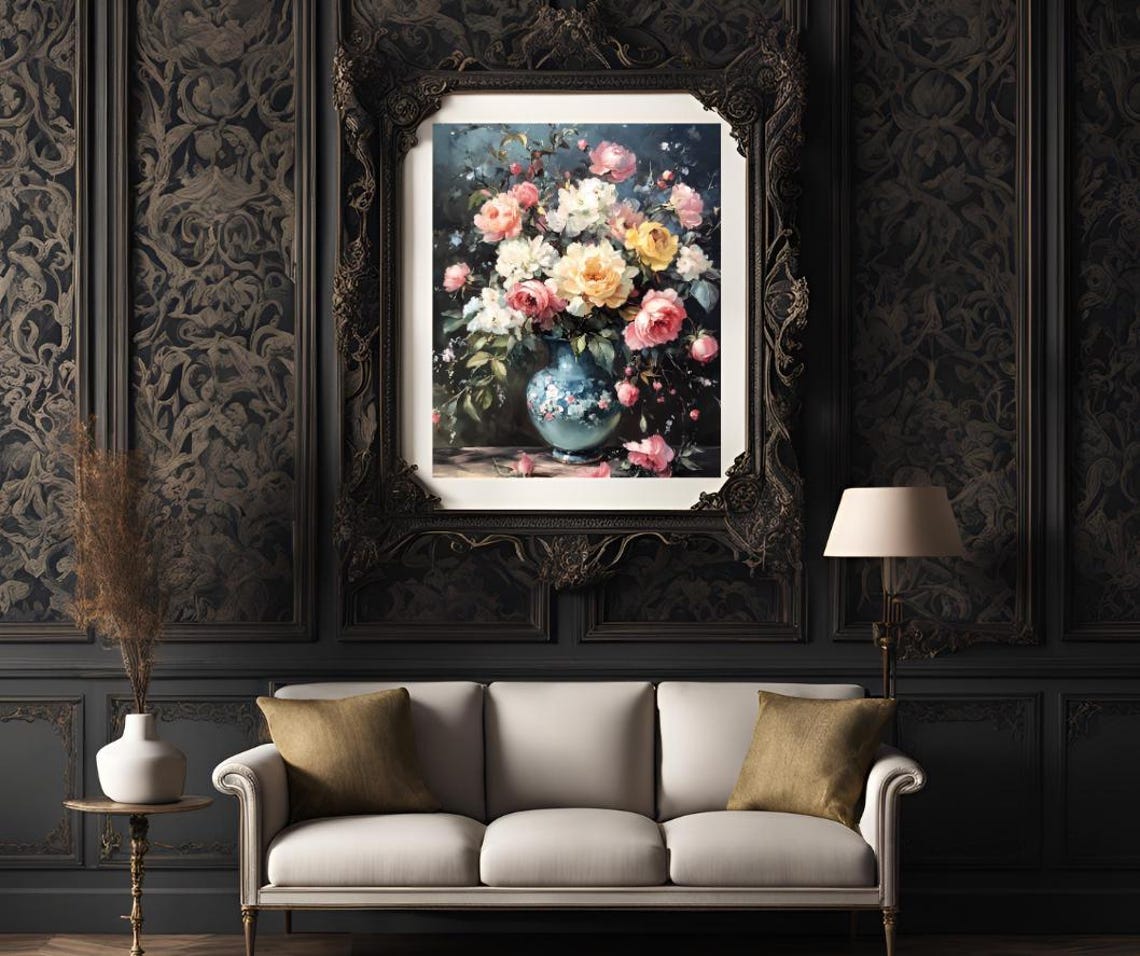 Pink And White Roses Bouquet In Teal Vase Dark Floral Art Poster - Image 3