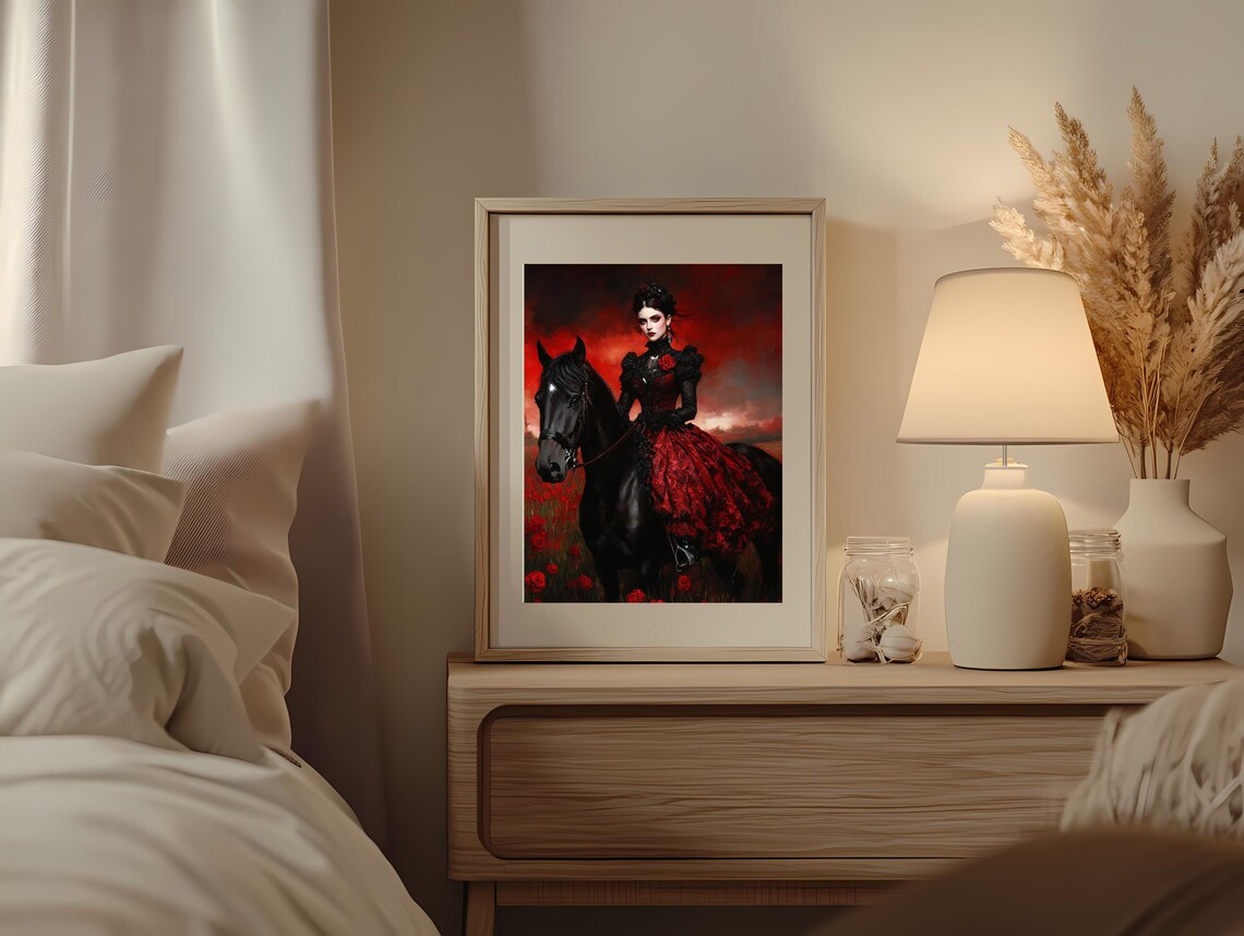 Gothic Lady Black Horse Crimson Sky Red Dress Dark Fantasy Poster - Image 2