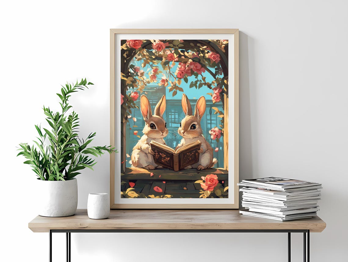 Two Cute Bunnies Reading a Book Under a Rose Arch Illustration Poster
