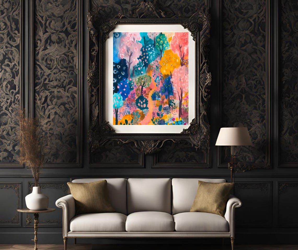 Colorful Whimsical Botanical Forest in Pink Teal Orange Art Poster - Image 3