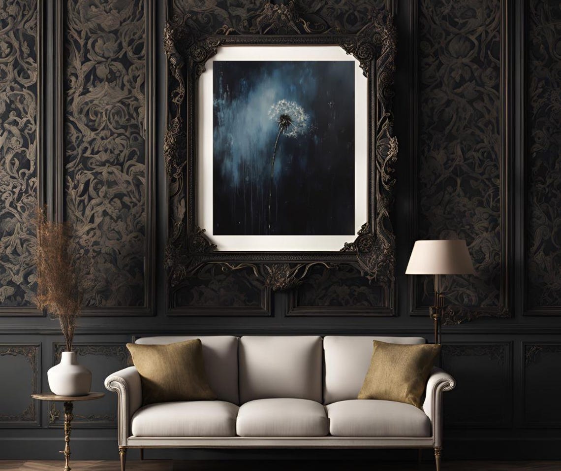 Dandelion With Scattering Seeds on a Dark Blue Moody Art Poster - Image 3