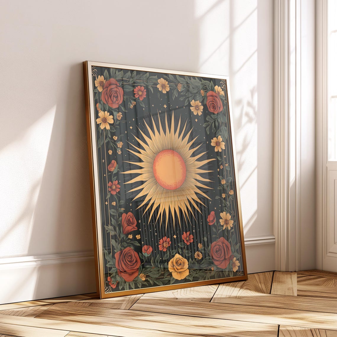 Mystical Sun Wall Art Red Yellow Rose Print Celestial Floral Poster Boho Spiritual Decor Instant Artwork