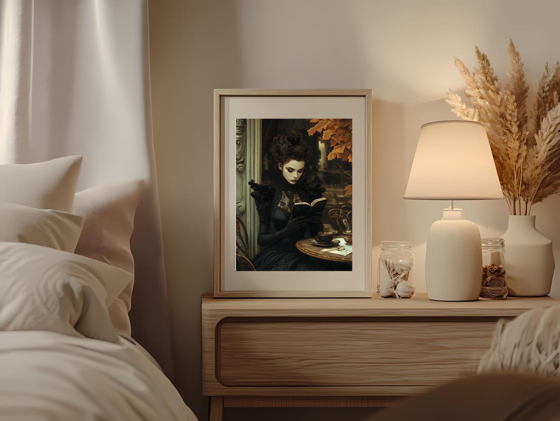 Gothic Lady Reading Book With Tea Vintage Autumn Cafe Art Poster - Image 3