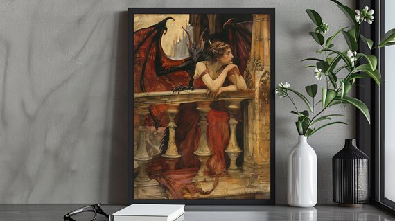 Dramatic Gothic Fantasy Art Print Dark Dragon And Lady In Red On Balcony Dark Fantasy Wall Art Gothic Home Decor