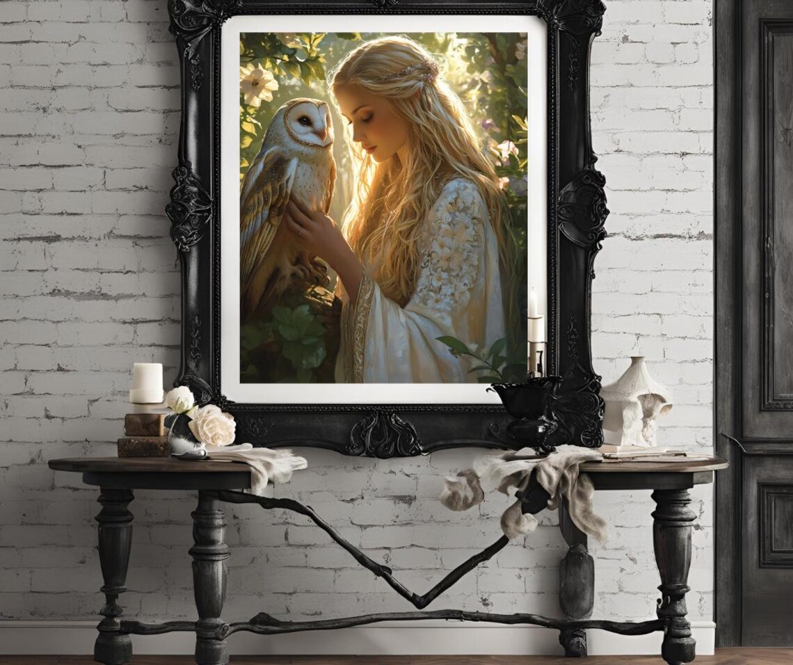 Goddess Girl Barn Owl Sunlit Garden Fantasy Portrait Art Poster - Image 4