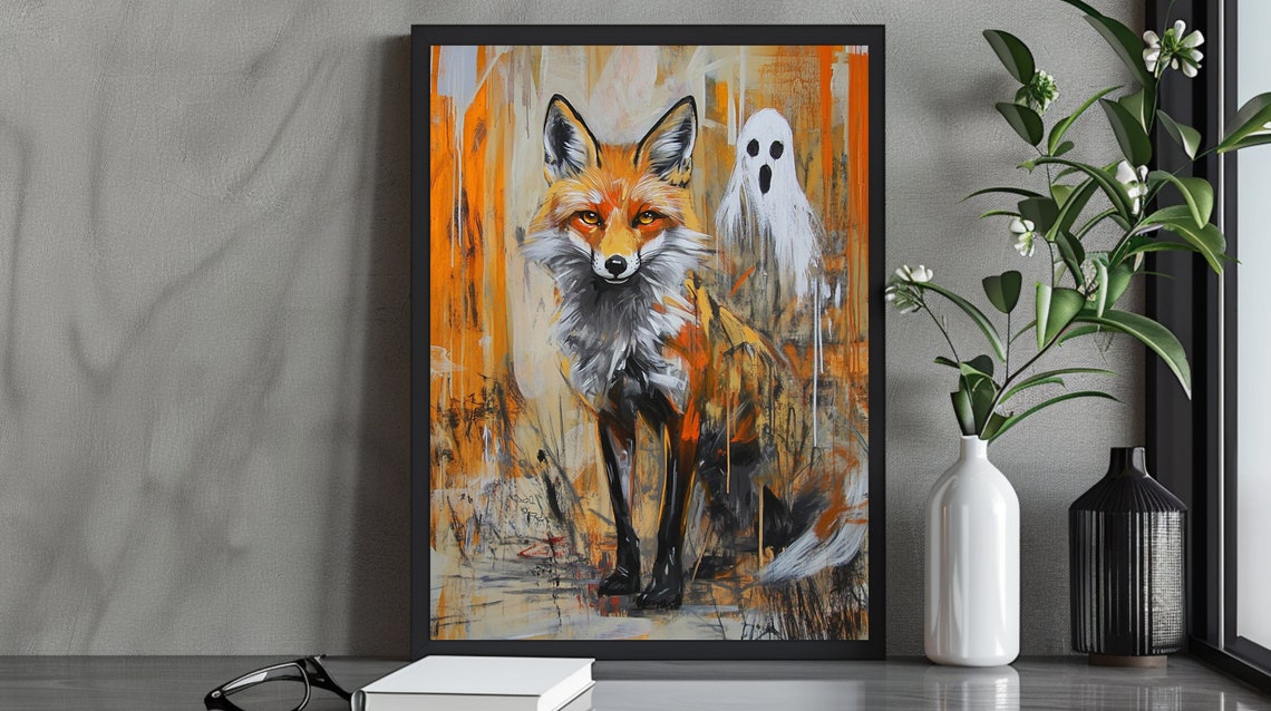 Playful Red Fox With a Cute White Ghost in Abstract Orange Art Poster