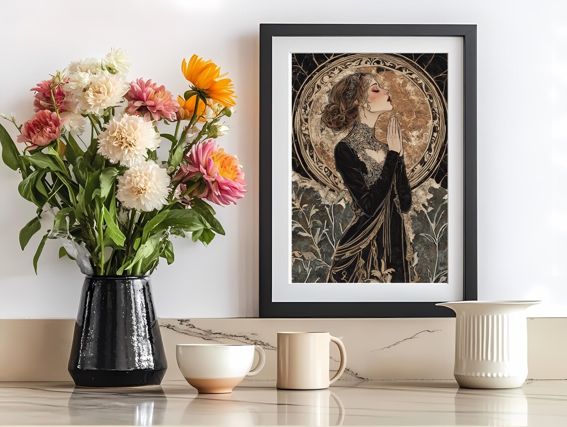 Art Nouveau Woman In Prayer Ornate Golden Halo Elegant Art Poster - Image 4