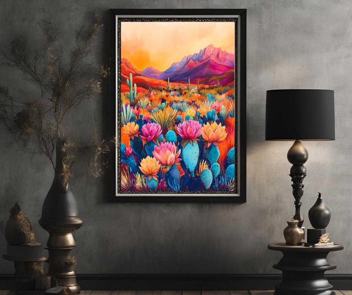 Vibrant Southwest Desert Sunset With Blooming Cacti Mountains Poster - Image 2