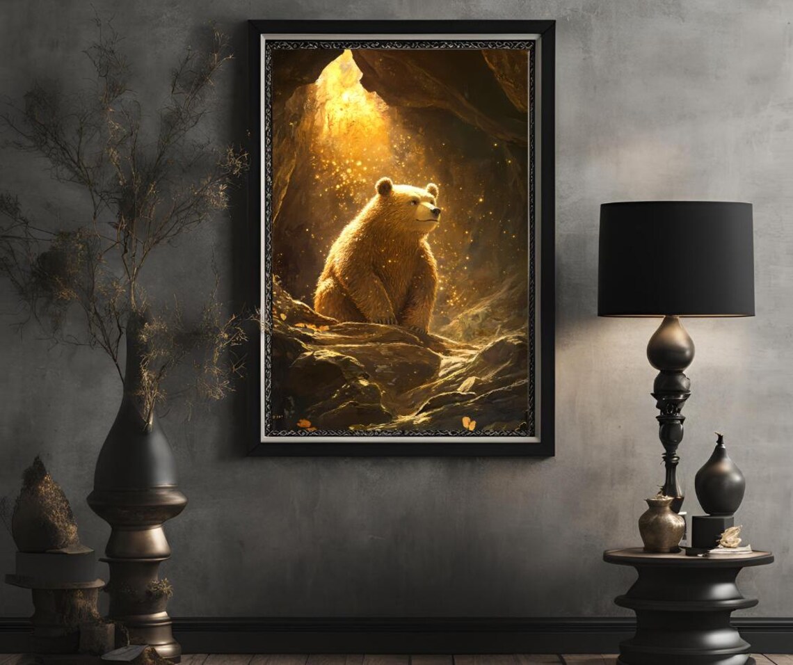 Golden Bear Sitting in a Glowing Magical Cave Light Art Poster - Image 2