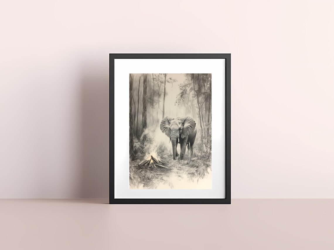 Serene Monochrome Elephant Walking in a Misty Forest Sketch Poster - Image 3