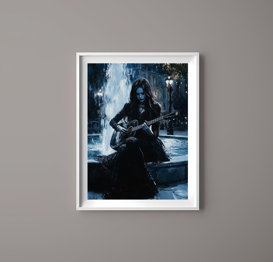Gothic Woman Playing Guitar, Night Fountain Art Print - Image 3