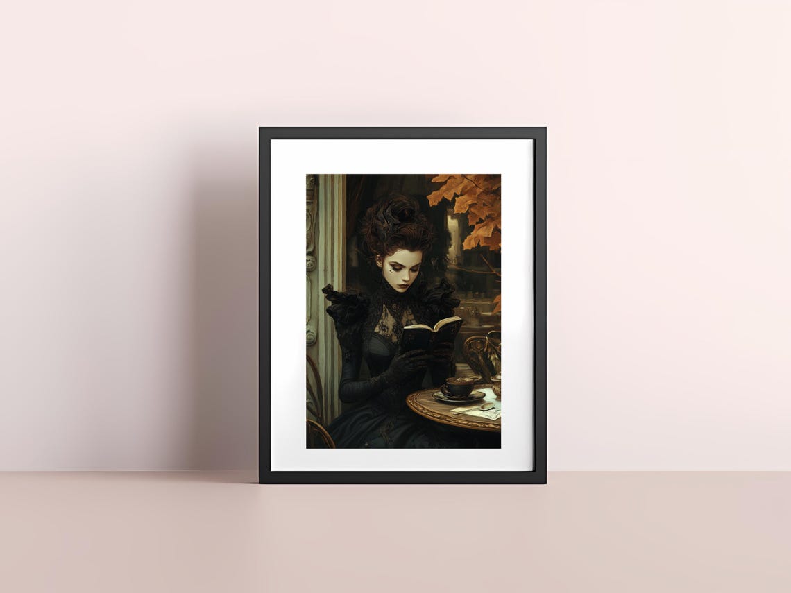 Gothic Lady Reading Book With Tea Vintage Autumn Cafe Art Poster