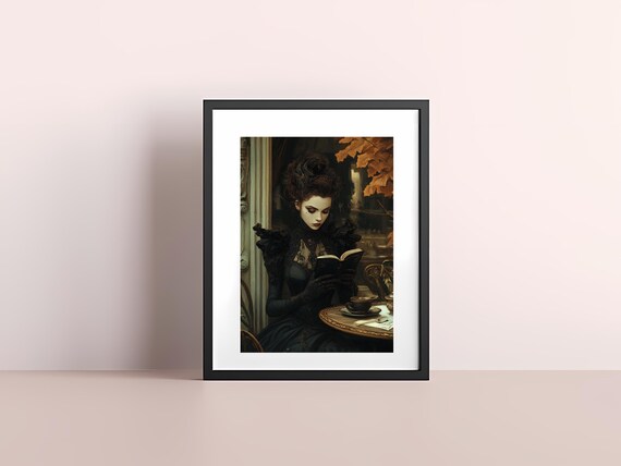 Gothic Lady Reading Book With Tea Vintage Autumn Cafe Art Poster