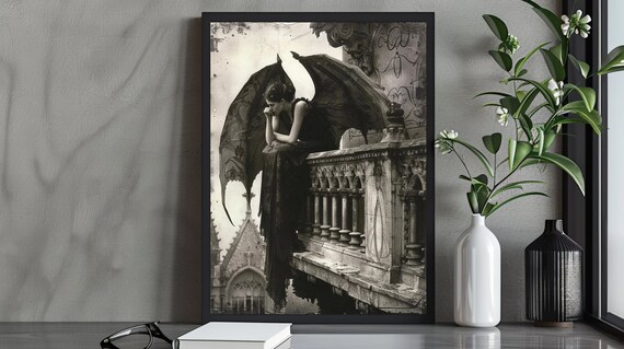Gothic Sepia Winged Angel Seated On Stone Balcony Above Cathedral Poster