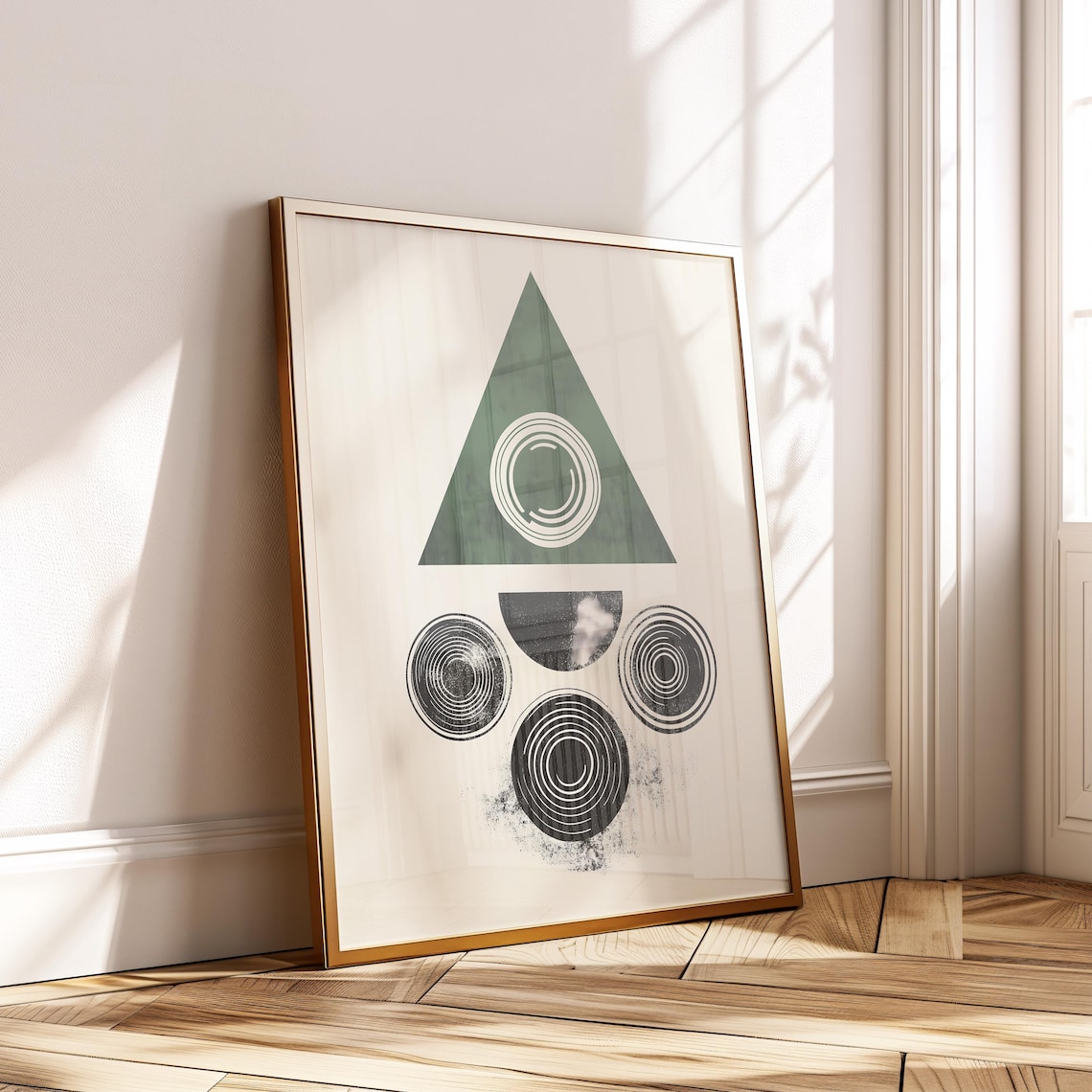 Green Triangle and Black Circle Rings Modern Minimalist Geometric Print