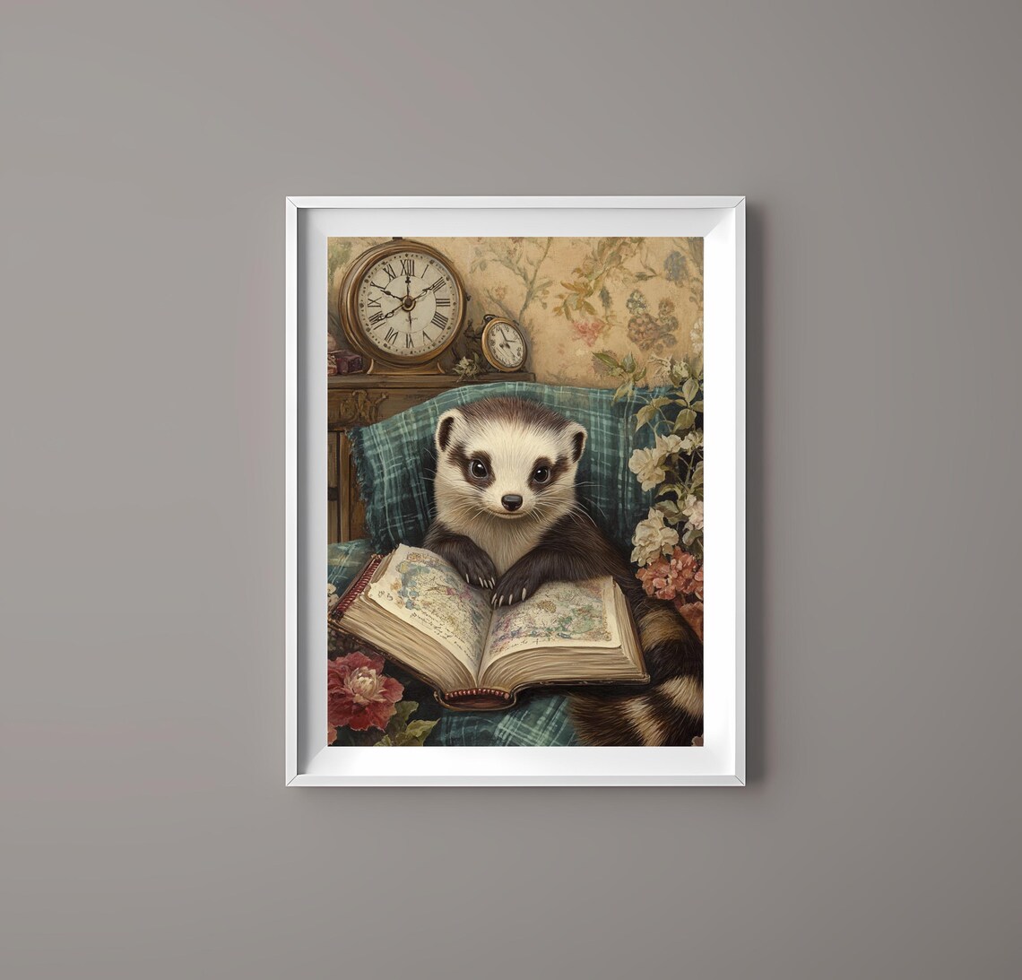 Charming Ferret Reading Old Book Armchair Whimsical Animal Poster - Image 4