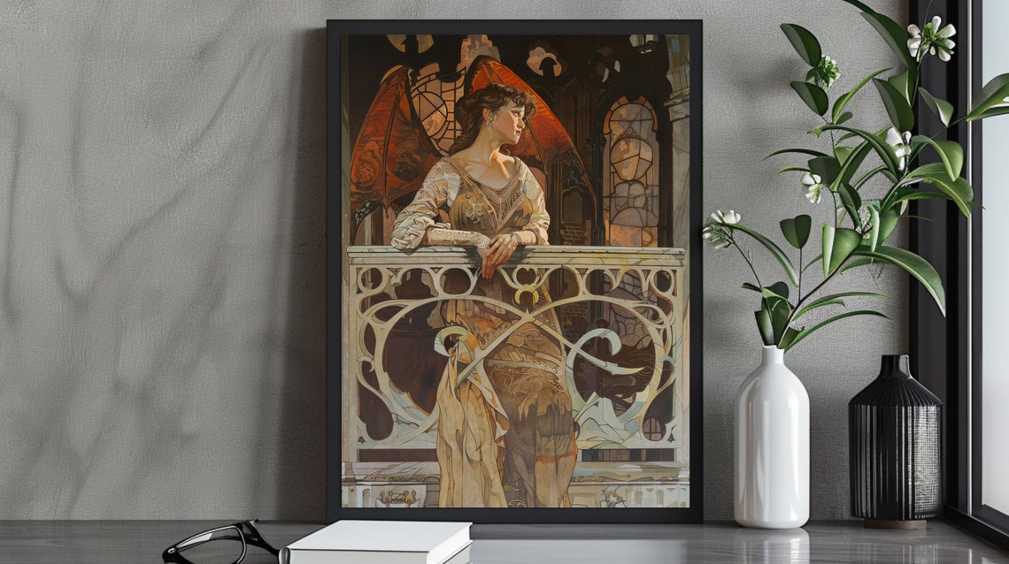 Elegant Woman with Fiery Red Wings on Ornate Balcony Art Poster