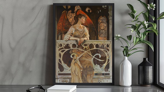 Mystical Gothic Fantasy Art Print Elegant Lady With Fiery Wings On Balcony Atmospheric Dark Wall Art Gothic Decor