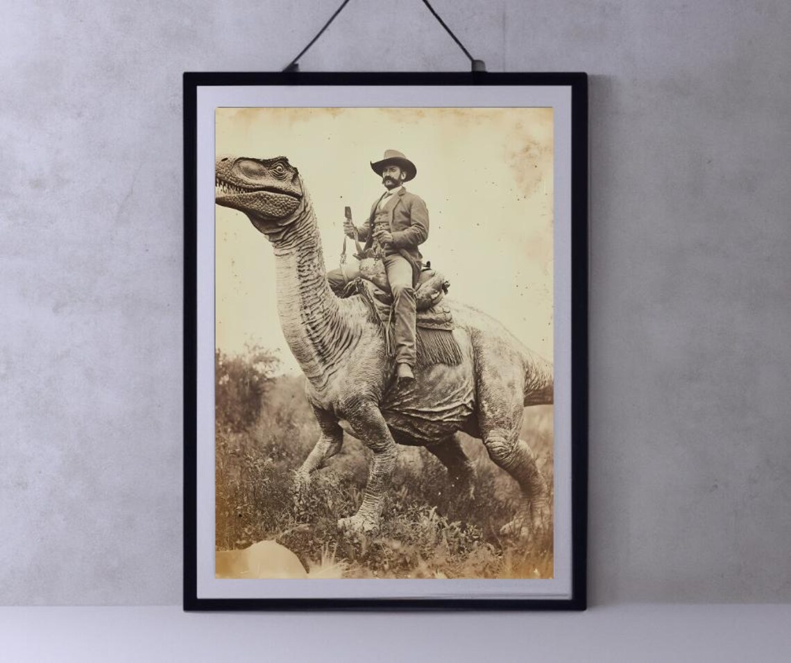 Cowboy Riding a Dinosaur in a Vintage Sepia Western Photo Poster