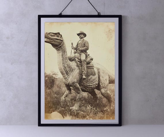 Dinosaur Cowboy Vintage Photography Art Poster Print Dark Academia Gothic Occult Poster Gothic Home Decor Western Jurassic