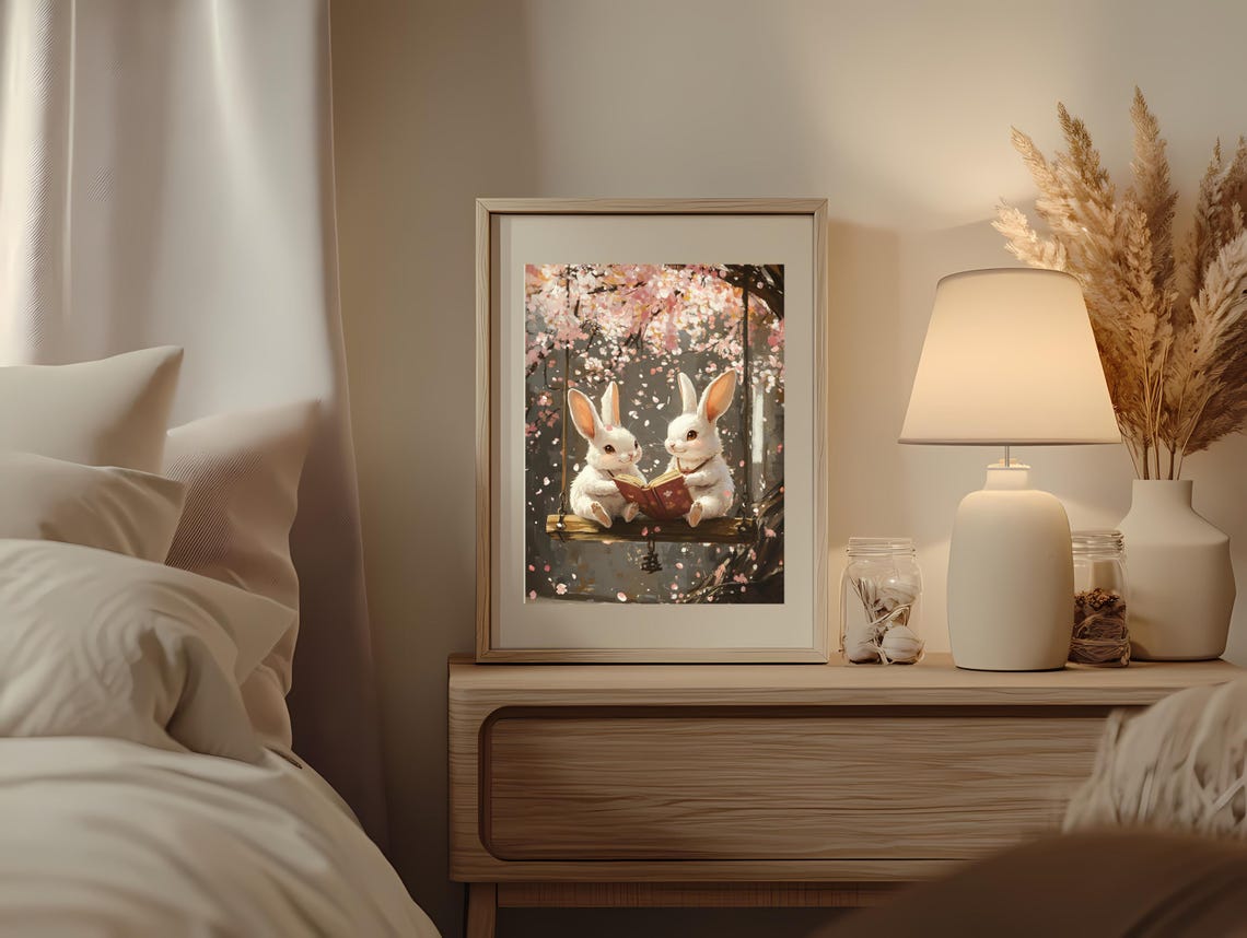 Two White Bunnies Reading on a Swing Under Cherry Blossoms Poster - Image 2