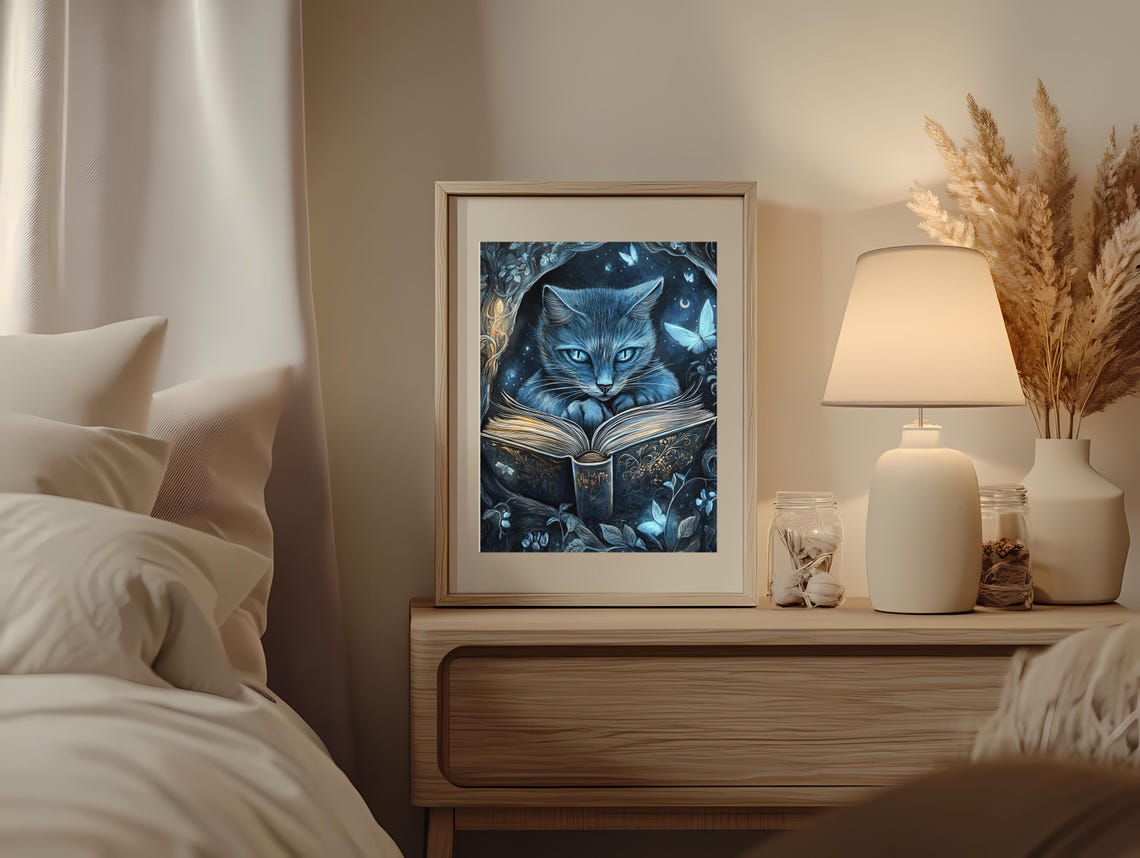 Mystical Blue Cat Reading an Enchanted Book Under Moonlight Poster - Image 2