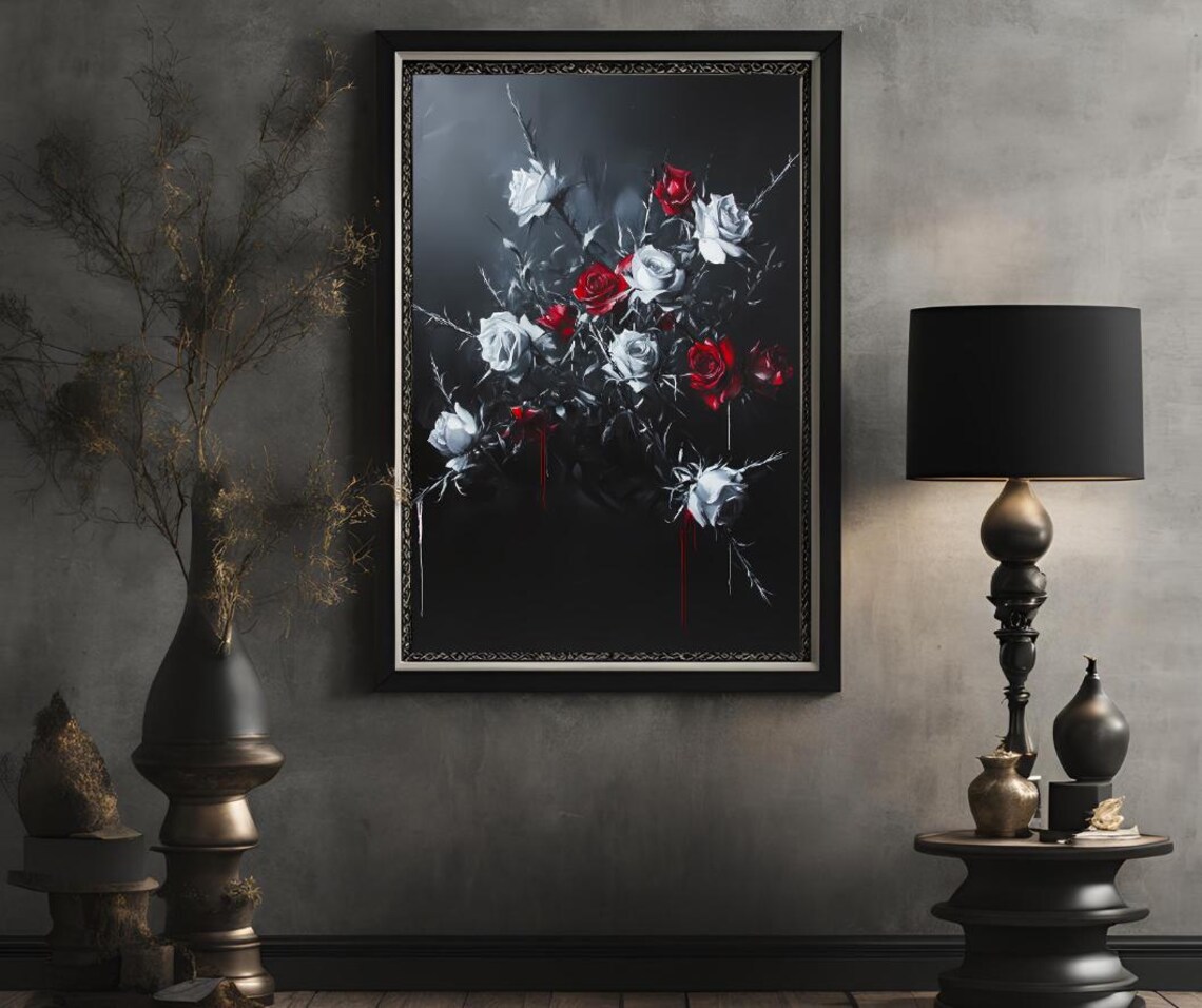 Red and White Roses Bouquet on Black Background Moody Floral Poster - Image 2