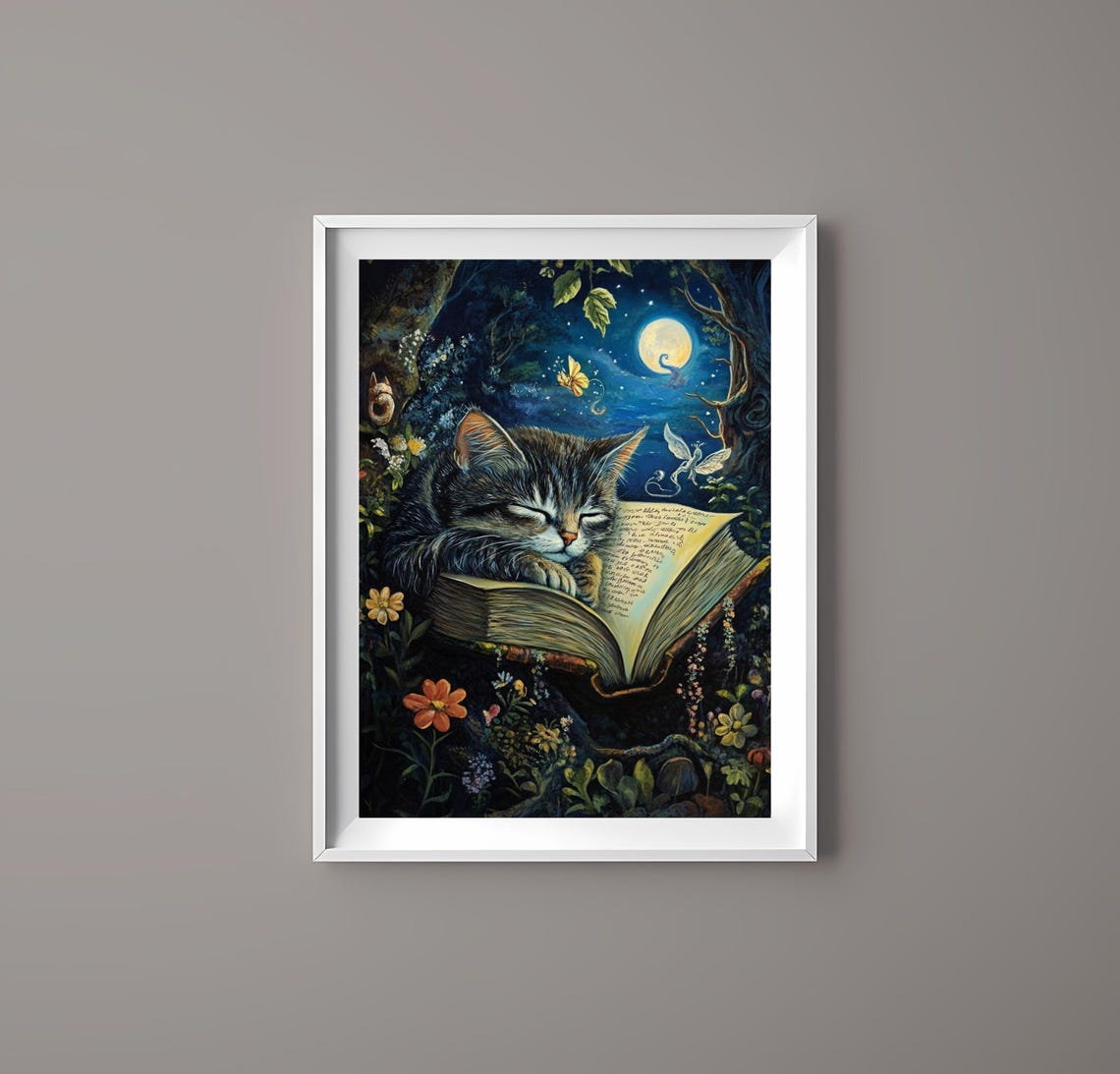 Dreamy Tabby Cat Sleeping Peacefully on a Magical Open Book Poster - Image 4