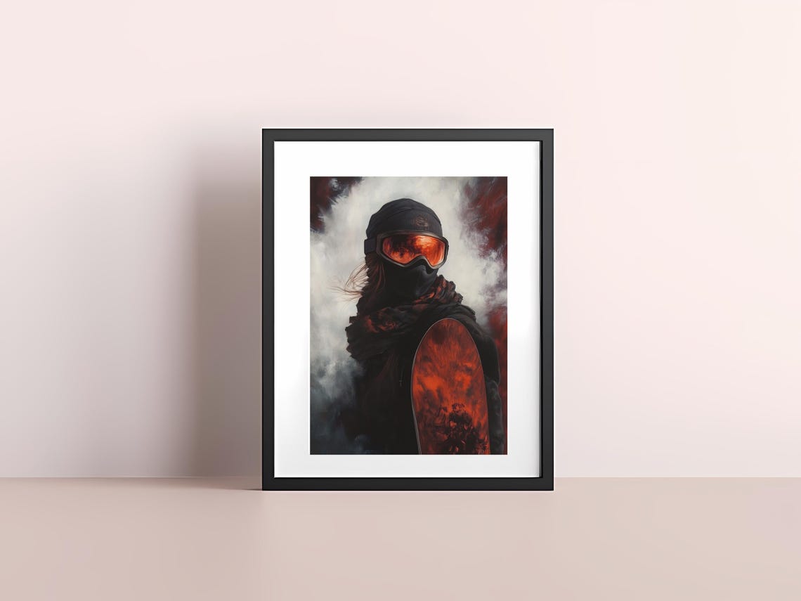 Fiery Red Snowboarder Portrait Orange Goggles Dramatic Winter Poster - Image 4