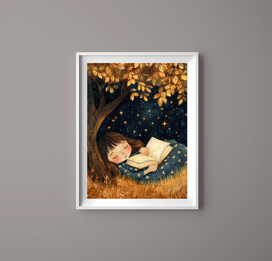 Little Girl Reading Under Starry Night Tree Dreamy Book Lover Poster - Image 4