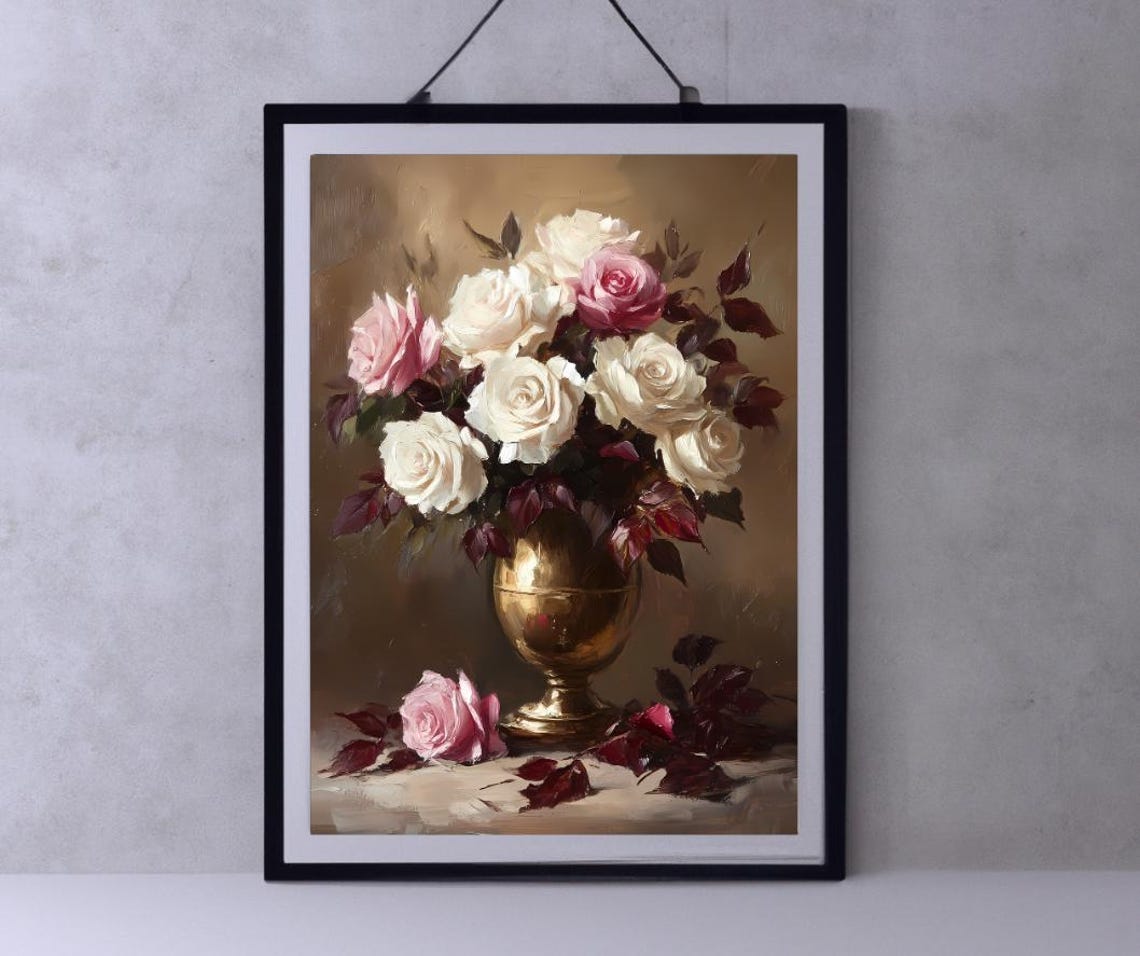 Moody Flower Painting Wall Art Vintage Floral Wall Art Antique Art Print Farmhouse Wall Art Moody Botanical Oil Painting