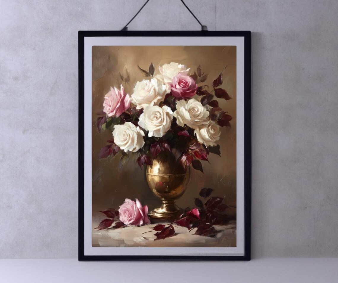 Vintage Roses Bouquet In Brass Vase Romantic Oil Painting Poster