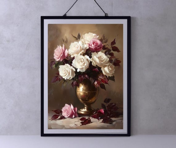 Moody Flower Painting Wall Art Vintage Floral Wall Art Antique Art Print Farmhouse Wall Art Moody Botanical Oil Painting