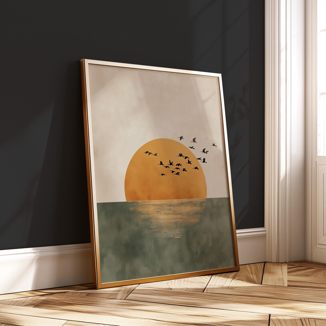 Japandi Sunset Birds Calm Water Minimalist Art Print