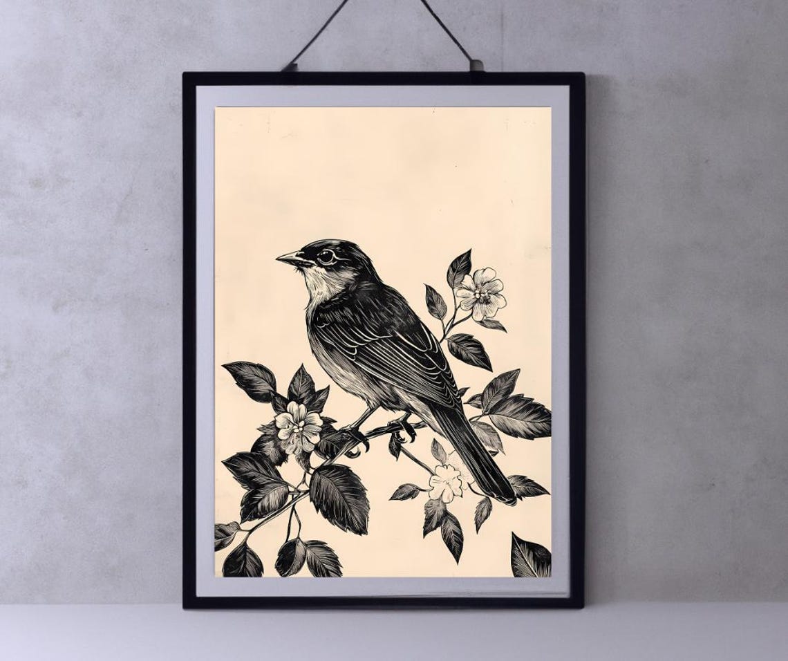 Vintage Songbird Perched On Flowering Branch Engraving Art Poster
