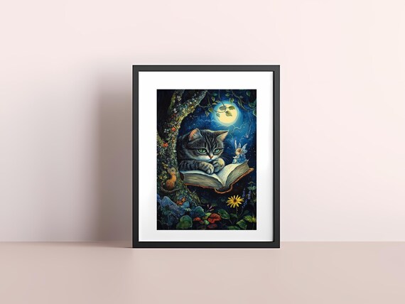 Tabby Cat Reading Book Under Full Moon With Fairy Magic Art Poster