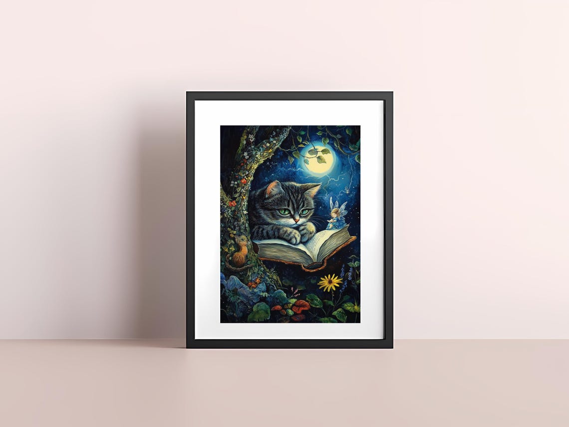 Tabby Cat Reading Book Under Full Moon With Fairy Magic Art Poster