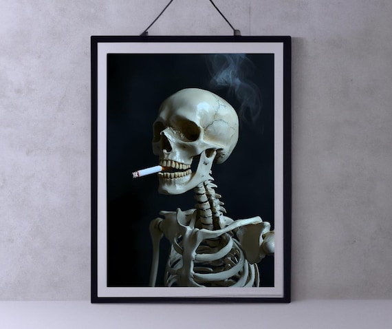 Photorealistic Skeleton Smoking Cigarette on Dark Background Poster