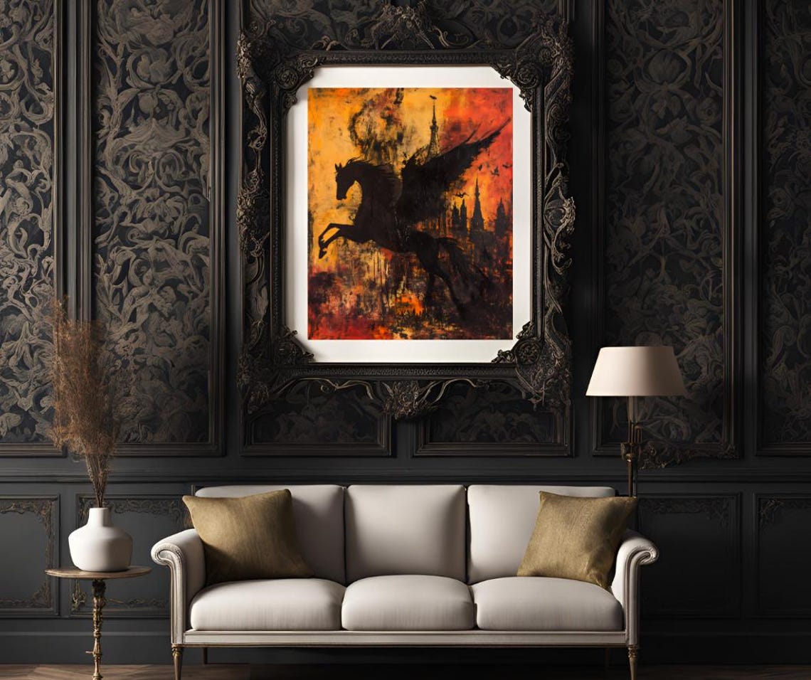 Dramatic Black Pegasus Fiery Gothic Cityscape Fantasy Art Poster - Image 4