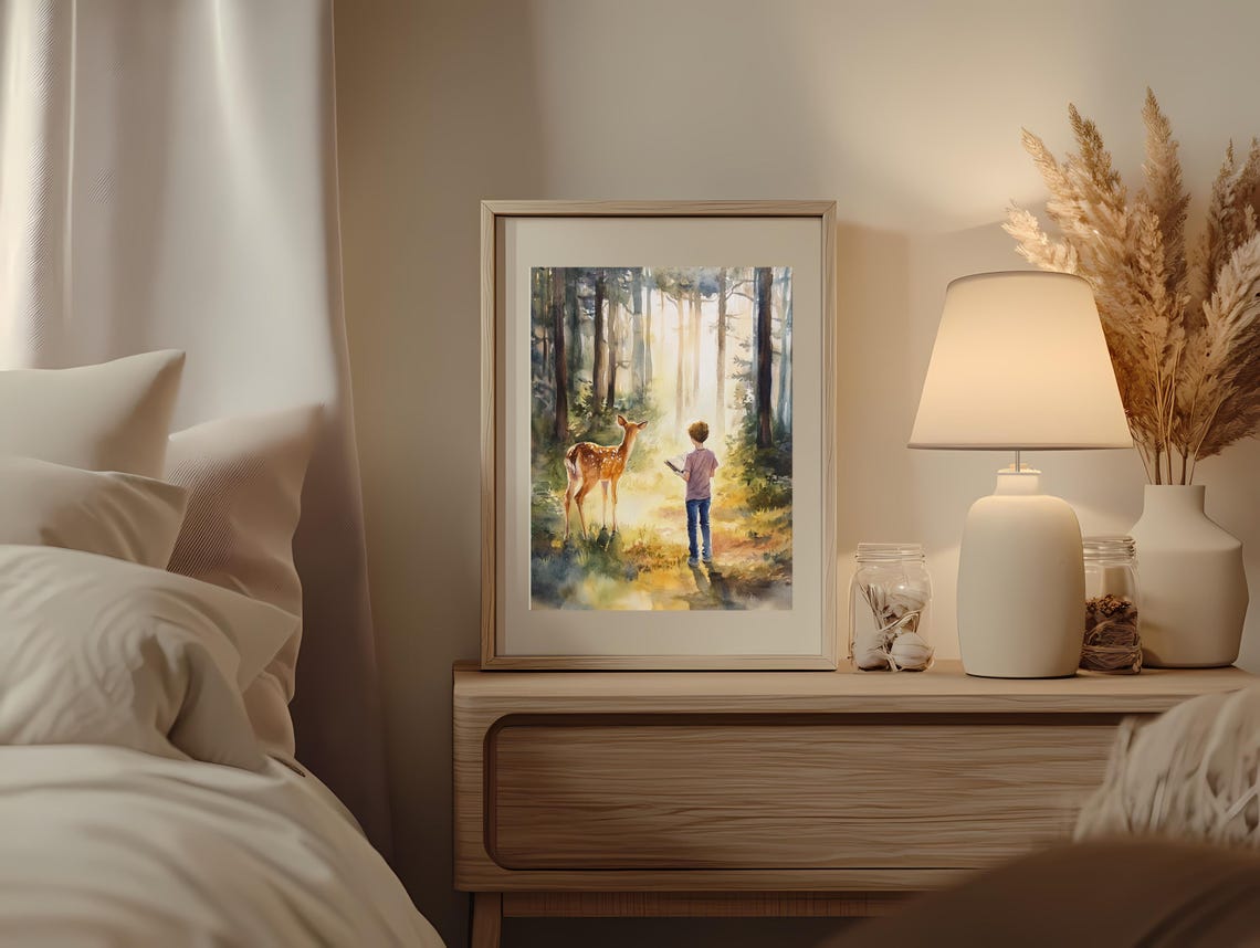 Boy And Deer In Sunlit Forest Serene Watercolor Nature Art Poster - Image 3