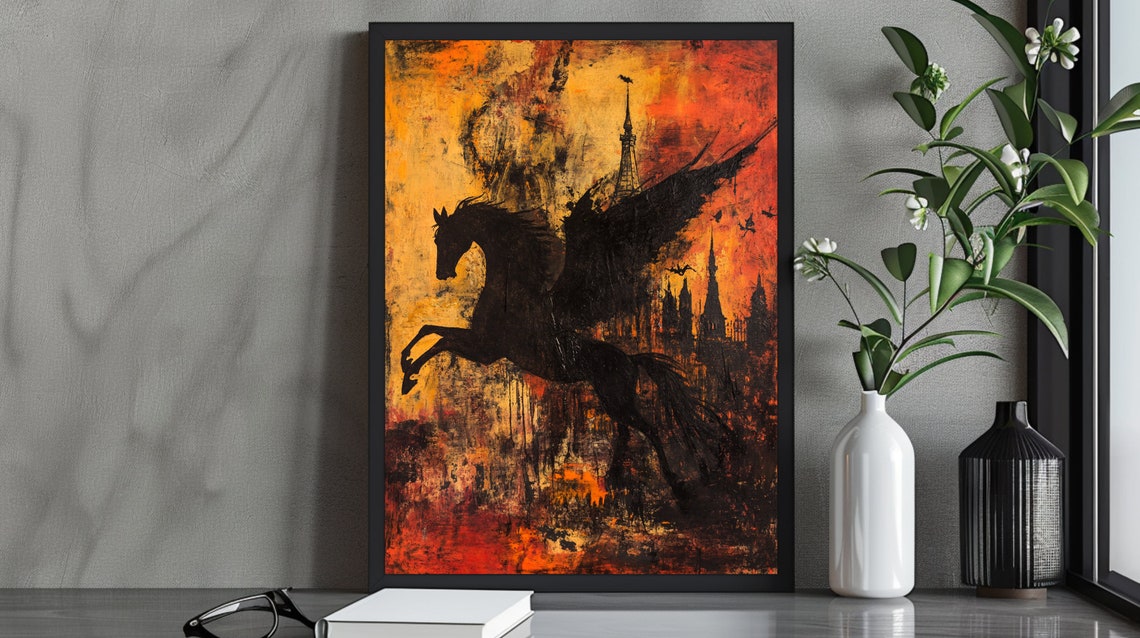 Dramatic Black Pegasus Fiery Gothic Cityscape Fantasy Art Poster