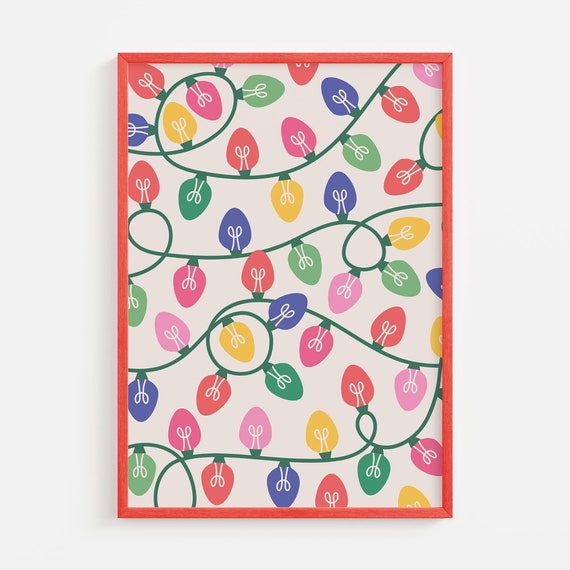 Christmas Lights Print Art Cute Colorful Christmas Decor Boho Holiday Wall Art Trendy Christmas Art Print