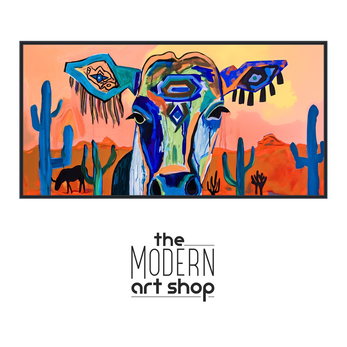 Colorful Abstract Cow Face Painting Desert Sunset Cactus Wall Poster - Image 4