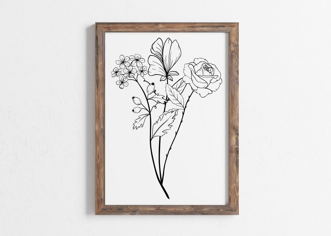 Black And White Floral Line Art Bouquet Minimalist Botanical Poster - Image 4