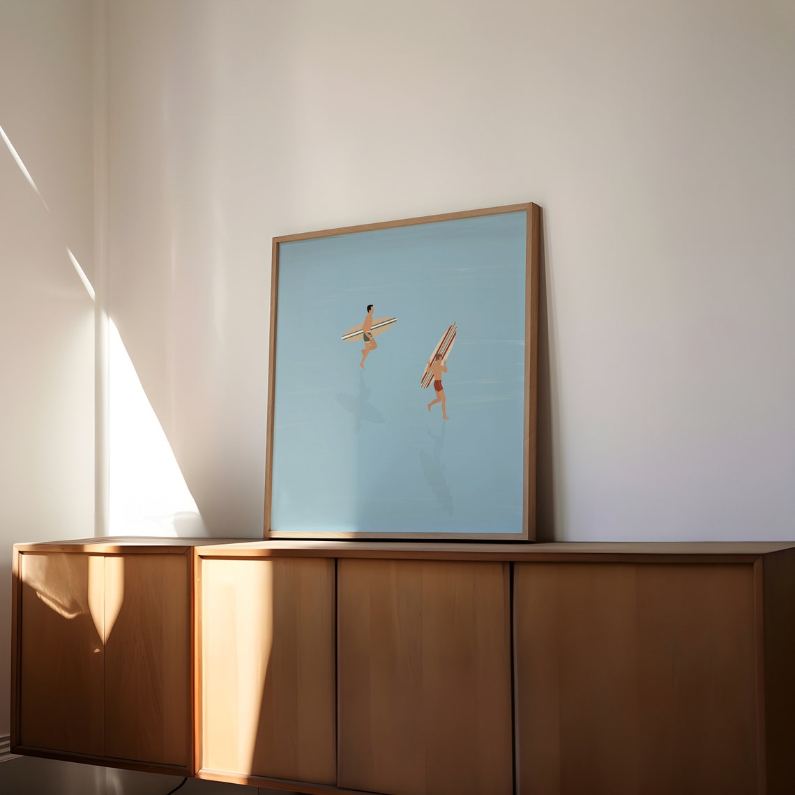 Surfers Wading Blue Water Boards Minimalist Calm Ocean Art Poster - Image 2